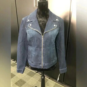 Style & Co Moto Blue Jean Jacket, V-neck collar detail, zip front, side pockets